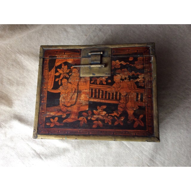 Wood Antique Chinese Export Yew Wood & Brass Tea Caddy, Hand-Painted, Late Qing Dynasty, Circa 1880 For Sale - Image 7 of 12