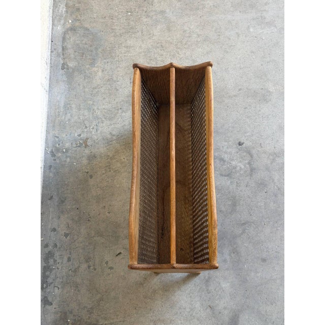 Brown Vintage Danish Modern Oak & Cane Magazine Rack Newspaper Holder For Sale - Image 8 of 9