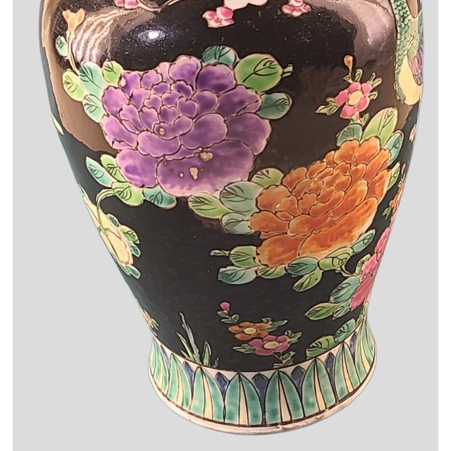 Ebony Vintage Asian Hand Painted Colorful Pottery Vase Mystical Good Luck Phoenix Birds Floral. For Sale - Image 8 of 11