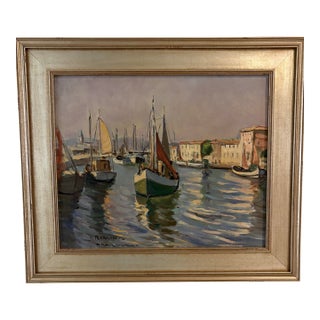 French Harbor and Sailboat Scene Oil Painting, Early to Mid 20th Century For Sale