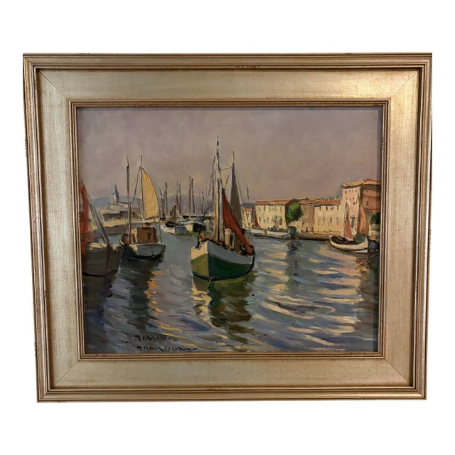 French Harbor and Sailboat Scene Oil Painting, Early to Mid 20th Century For Sale