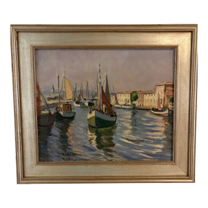 French Harbor and Sailboat Scene Oil Painting, Early to Mid 20th Century