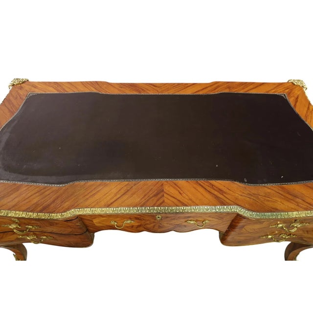 Early 20th Century French, Large, Burl Wood Veneer, Leather Top, Bronze Mount,Bureau Plat Desk! For Sale - Image 4 of 8