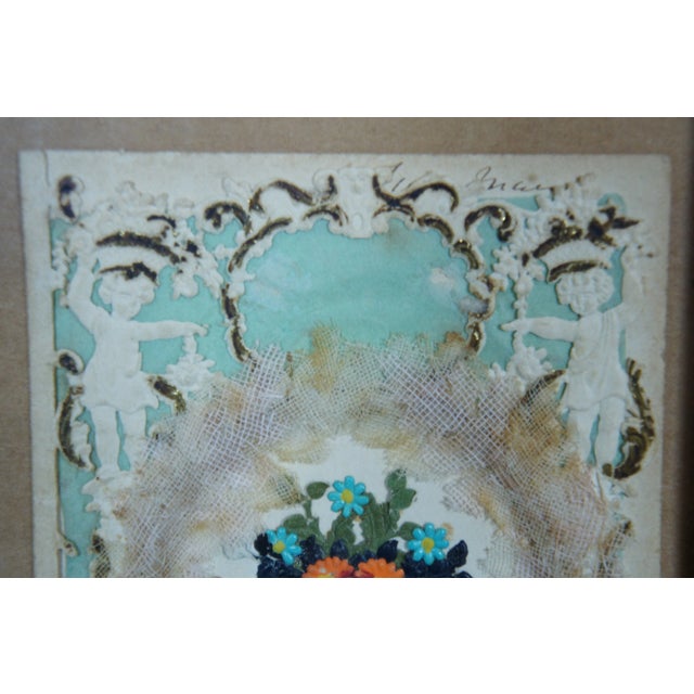 Robin's Egg Blue 1859 Antique Victorian Framed Die Cut Embossed Valentines Day Card For Sale - Image 8 of 11