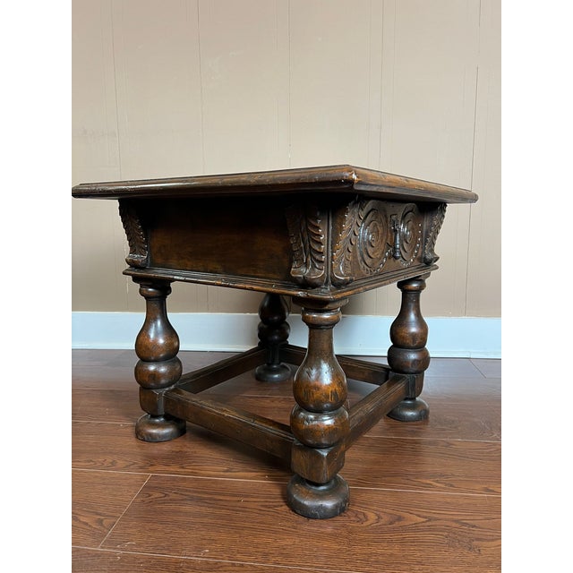 Antique English Side End Table Small Square Carved Oak Jacobean Revival C1910 For Sale In Dallas - Image 6 of 18