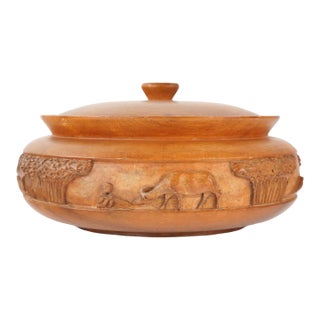 Vintage Asian Hand Carved Wooden Serving Bowl With Lid For Sale