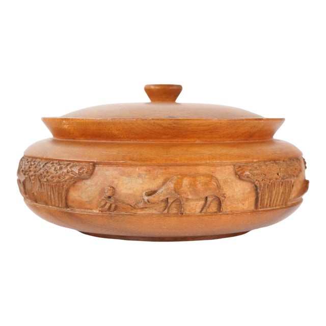 Vintage Asian Hand Carved Wooden Serving Bowl With Lid For Sale