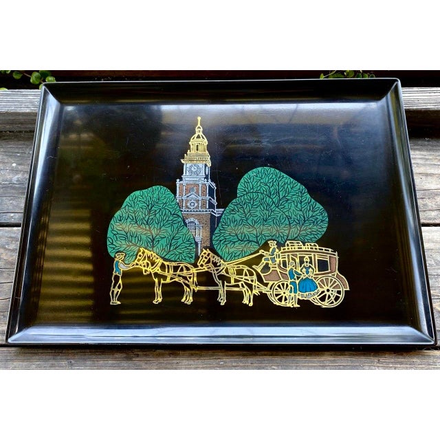 A charming and increasingly hard-to-find vintage Couroc of Monterey serving tray featuring a detailed Colonial...