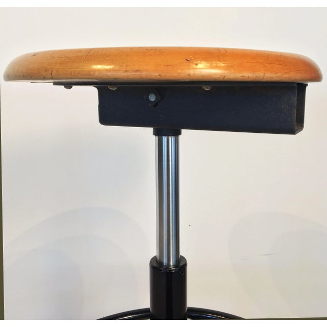 Wood Black Metal and Chrome Bar Stools With Round Wood Seats 'Four Available' For Sale - Image 7 of 12