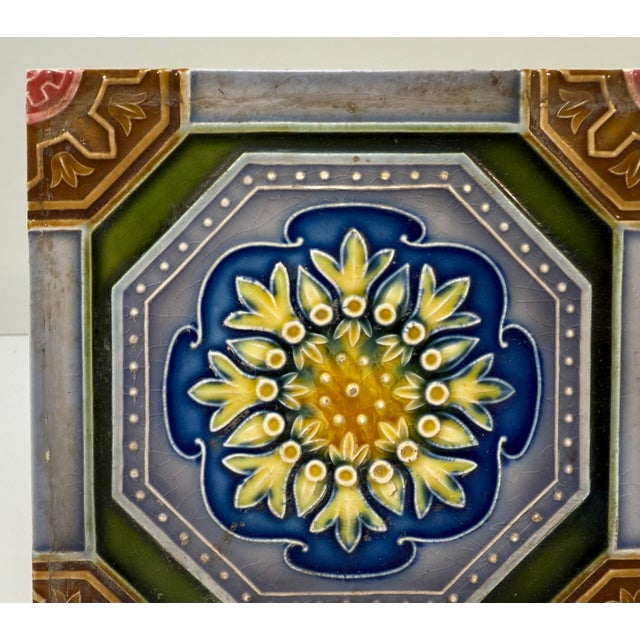 Japanese Vintage Japanese Glazed Ceramic Tiles With Geometric & Floral Patterns, Saji Tile Works, Set of 2 For Sale - Image 3 of 10