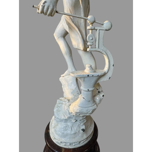 Antique Victorian Cast Metal 29" Figural Statue Sculpture in an old white painted finish attached to a sculpted wooden...
