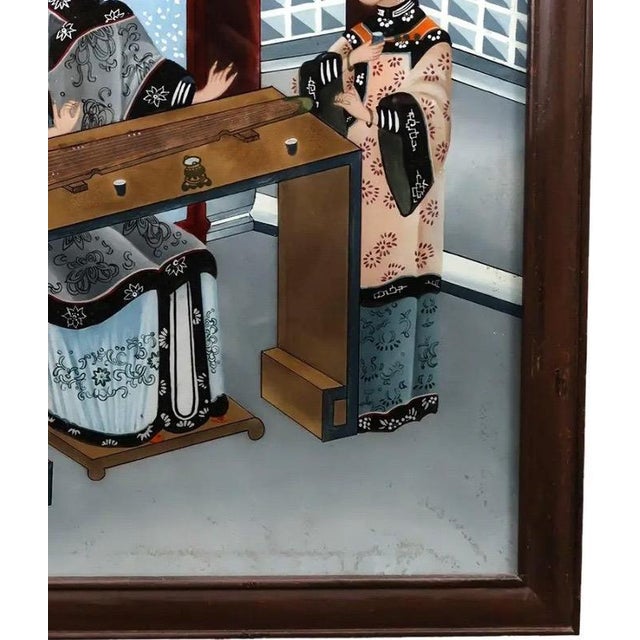 Antique Chinese Qing Dynasty Reverse Glass Painting Scholars Garden Scene For Sale In Portland, ME - Image 6 of 12