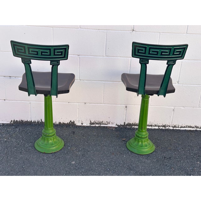 A Pair of Early 20th-Century Cast Iron Soda Fountain Swivel Stools With Greek Key Backs. For Sale - Image 4 of 18