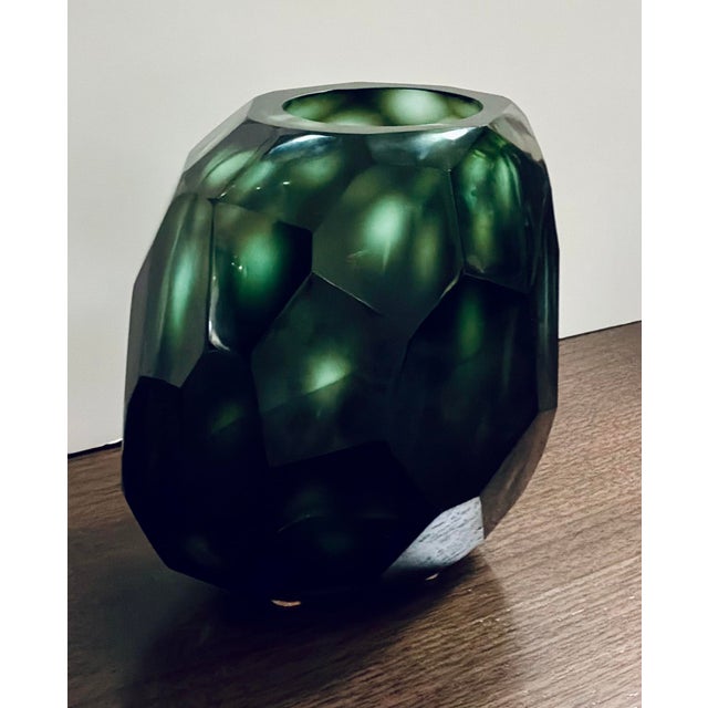 Stylish Revelation Modern Small Emerald Green Faceted Glass Vase, showroom floor sample