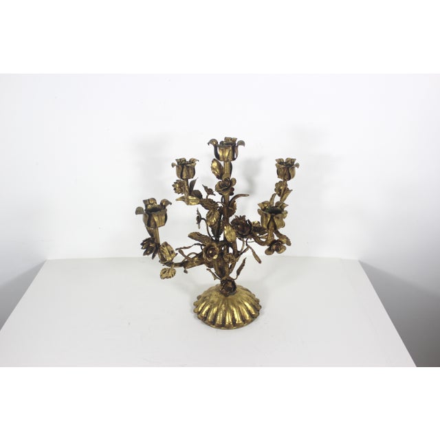 Gold Vintage Gilded Gilt Gold Metal Candelabra Baroque Italian or Hollywood Regency For Sale - Image 8 of 18