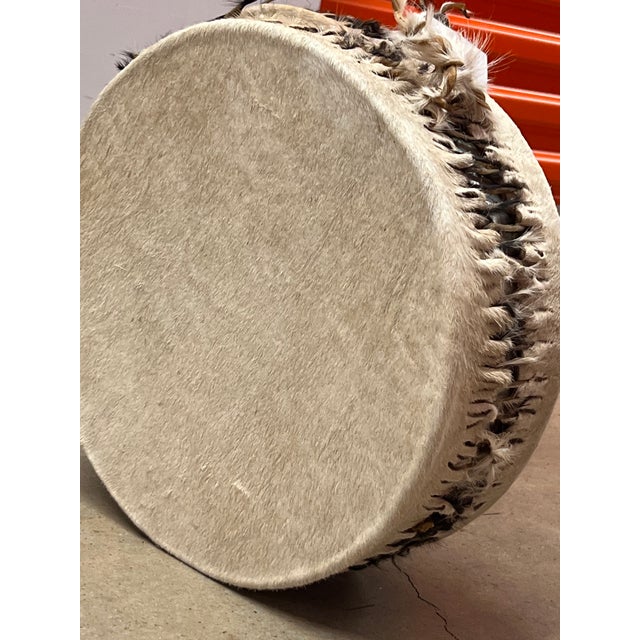 Tribal Pair of Cowhide Decorative Drums With Leather Lacing For Sale - Image 3 of 4