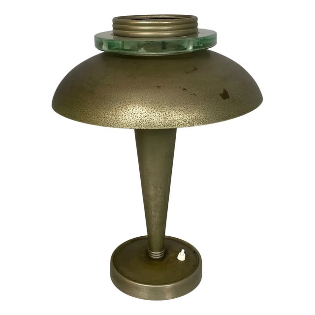 Art Deco Italian Round Brass and Glass Table Lamp, 1930s For Sale