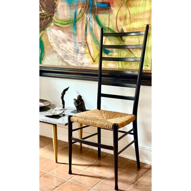 Mid-Century Modern Italian High-Back Black Side, Office Chair With a Rush Seat in the Iconic Style of Italian Designer Gio Ponti For Sale - Image 12 of 12