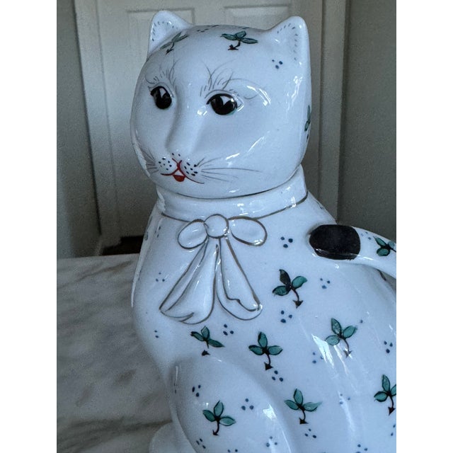 Mid-Century Modern 1970’s Blue & Green Accent Lucky Cat Motif Tea Pot For Sale - Image 3 of 13
