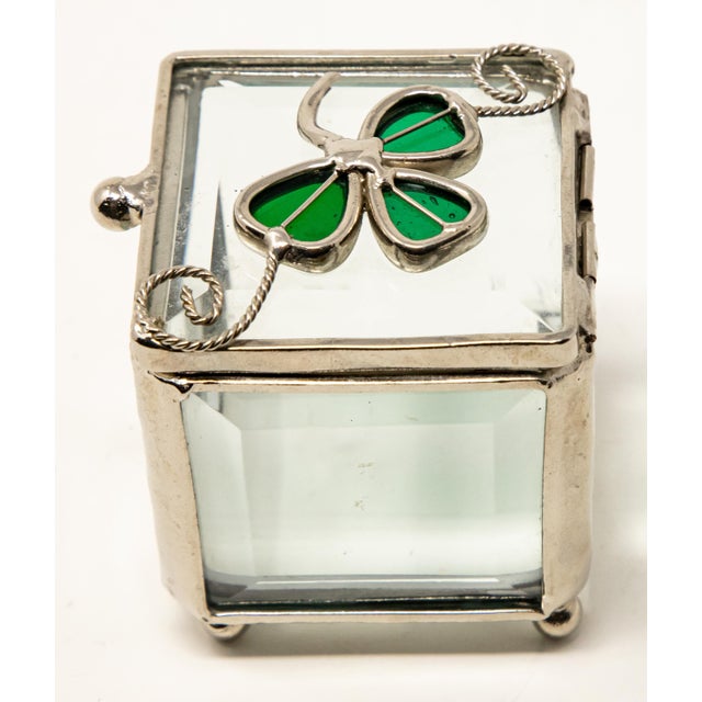 Metal Vintage Sterling Silver and Beveled Glass Trinket Box with Clover For Sale - Image 7 of 12