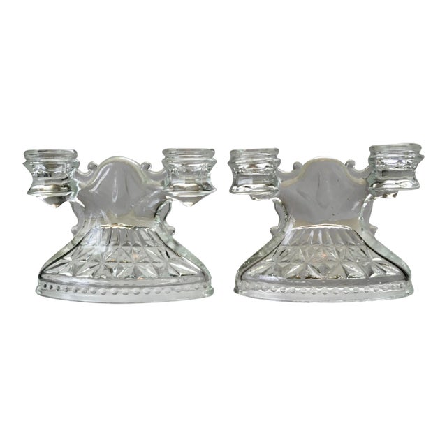 1930s Art Deco Pressed Glass Double Candlestick Holders- A Pair For Sale