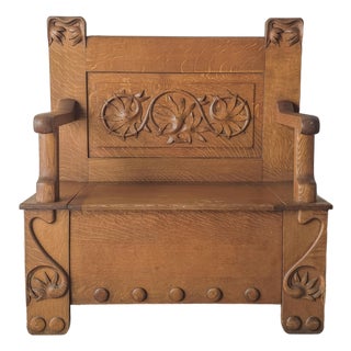 Antique Arts and Crafts Style Carved Oak Hall Bench With Storage For Sale