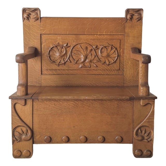 Antique Arts and Crafts Style Carved Oak Hall Bench With Storage For Sale