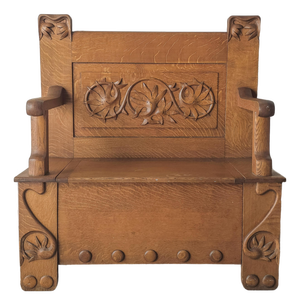 Antique Arts and Crafts Style Carved Oak Hall Bench With Storage