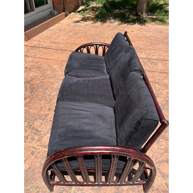 bamboo rattan bentwood couch Great comfy nice pillows A great mid century boho sofa Back height 32” Depth 34” Inside depth...