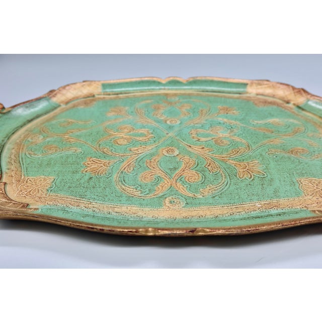 Vintage Florentine Gilt Tray — Green & Gold Scalloped Scroll Design, Made in Italy For Sale - Image 4 of 7