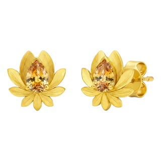Pear-Cut Citrine Lutus Flower Earrings Studs, Silver, Gold, Pair For Sale