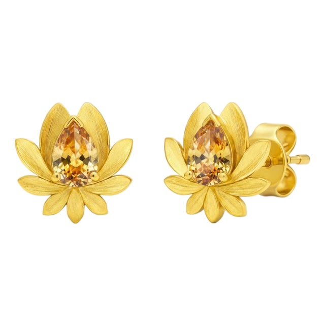 Pear-Cut Citrine Lutus Flower Earrings Studs, Silver, Gold, Pair For Sale