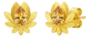 Pear-Cut Citrine Lutus Flower Earrings Studs, Silver, Gold, Pair