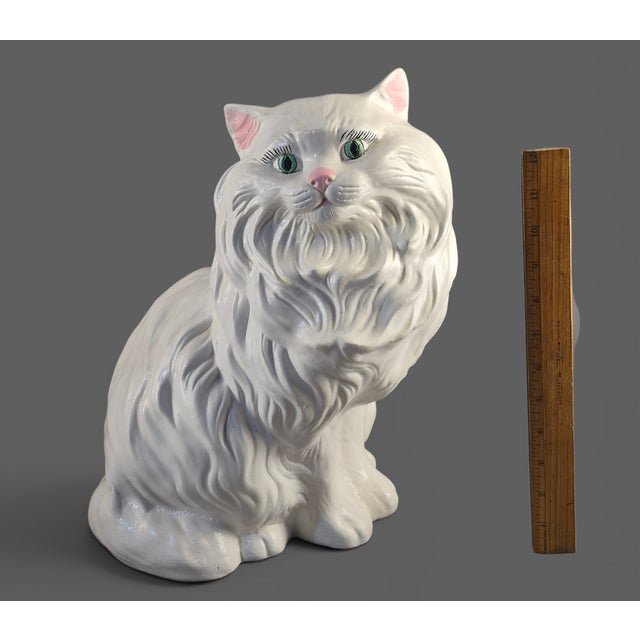 Ceramic Vintage Ceramic Life Size White Green Eyes Cat Figurine 14'' High For Sale - Image 7 of 10