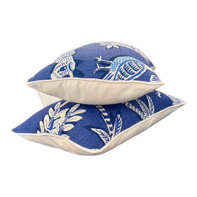 Chippendale Lumbar Pillow Pair – Thibaut Goa Fabric With Sunbrella Contrast Welt & Back For Sale - Image 3 of 8