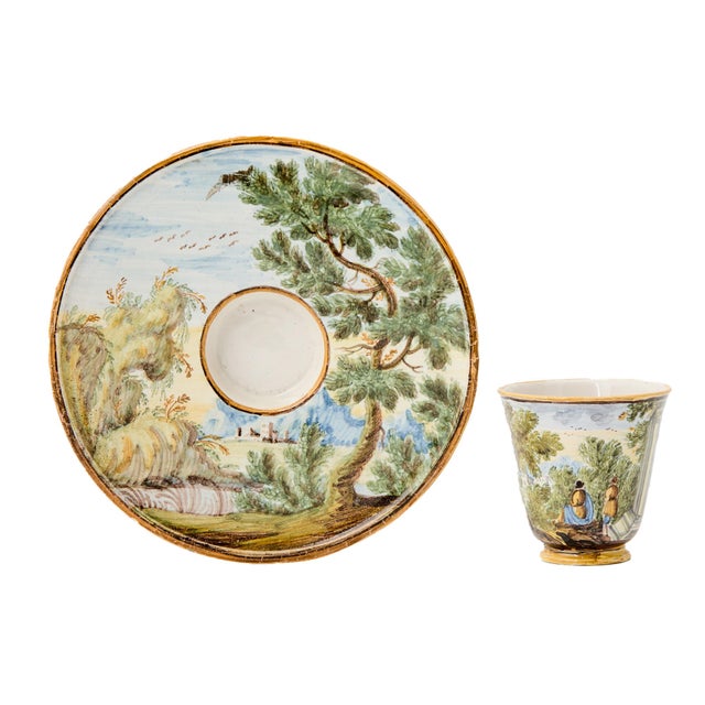 Mid 18th Century Italian Majolica Trembleuse Cup & Saucer, Castelli For Sale - Image 4 of 13