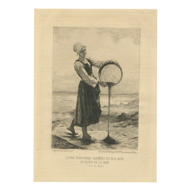 Laguillermie, Young Breton Woman Winnowing Buckwheat by the Sea, 1875, Paper For Sale