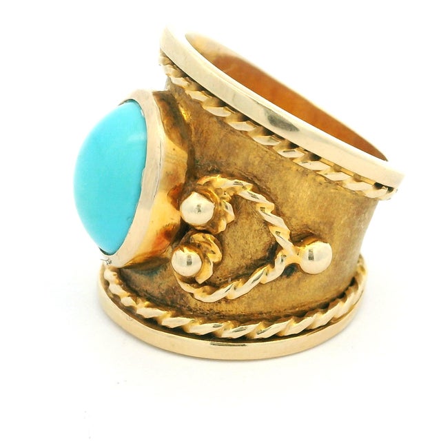 Vintage Italian 18k Gold Turquoise Etruscan Revival Statement Ring, Size 8.5 For Sale - Image 4 of 10