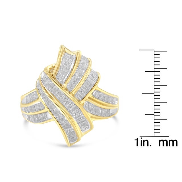 10K Yellow Gold Plated .925 Sterling Silver 1.0 Cttw Round & Baguette Diamond Knot Channel Statement Ring (I-J Color, I2-I3 Clarity) - Size 6-1/4 For Sale In New York - Image 6 of 6