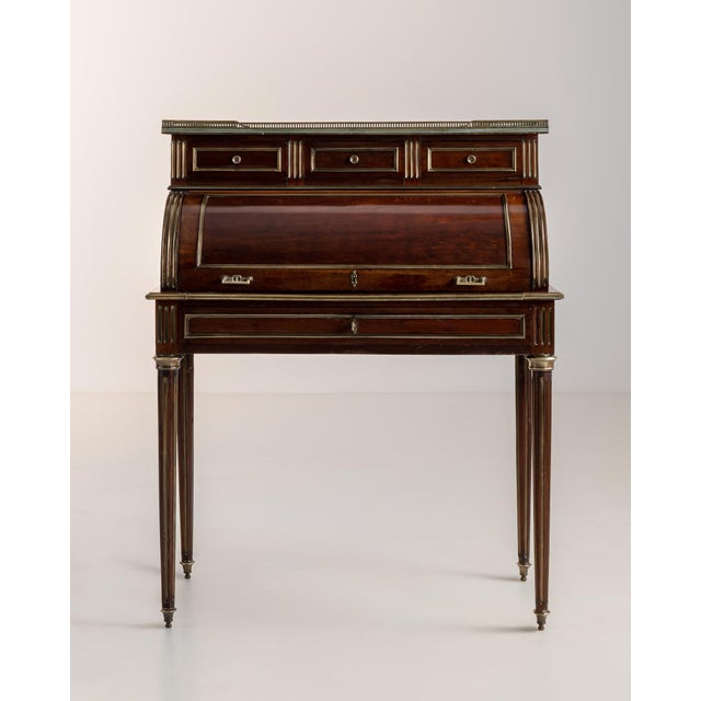 Gold 19th Century Louis XVI Cylinder Desk With Marble Top & Brass Accents For Sale - Image 8 of 15