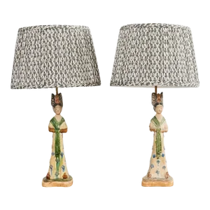 Pair of Chinese Tang Dynasty Style Figural Pottery Table Lamps
