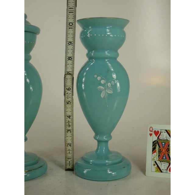 Victorian Mid 19th Century Vases Victorian Mantel 3-Pc. Set Bristol Glass Blue Opalescent Hand-Painted Floral Enamel For Sale - Image 3 of 12