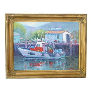 Silvio Silvestri, Listed Artist Nautical Coastal Boating Mendocino Harbor Ca Oil Painting Including the Antiqued Gold Wood Frame For Sale