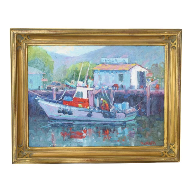 Silvio Silvestri, Listed Artist Nautical Coastal Boating Mendocino Harbor Ca Oil Painting Including the Antiqued Gold Wood Frame For Sale