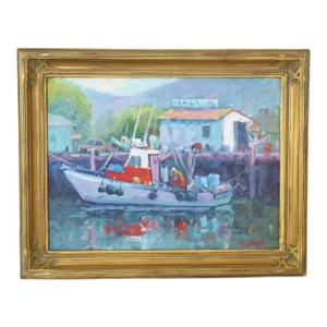 Silvio Silvestri, Listed Artist Nautical Coastal Boating Mendocino Harbor Ca Oil Painting Including the Antiqued Gold Wood Frame