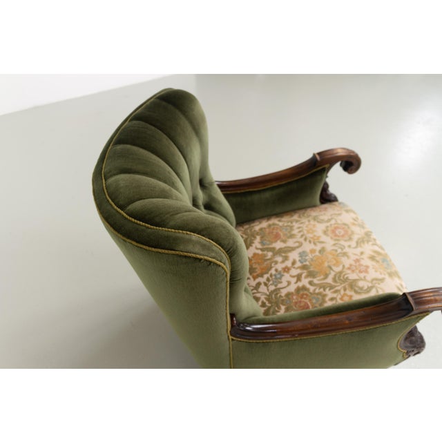 Danish Carved Lounge Chair in Green Velvet, 1920s For Sale - Image 6 of 18