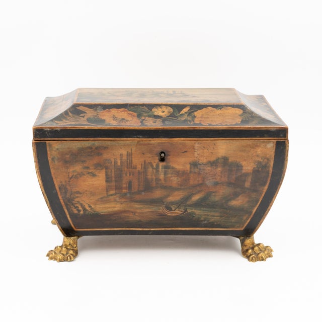 Regency Painted and Penwork Bombe Box on Gilt Lion Paw Feet, English, Circa 1820 For Sale - Image 9 of 12