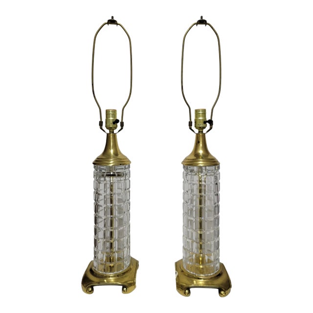 1960s Regency Signed Dresden Crystal and Brass Table Lamps - a Pair For Sale