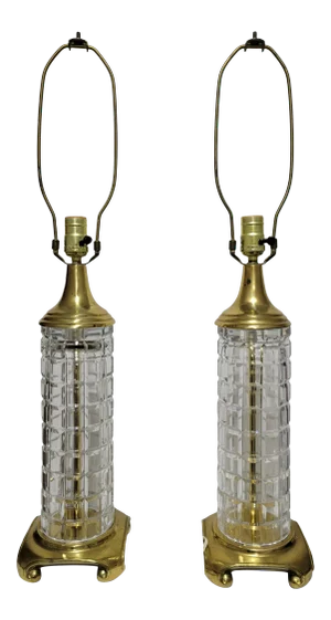 1960s Regency Signed Dresden Crystal and Brass Table Lamps - a Pair
