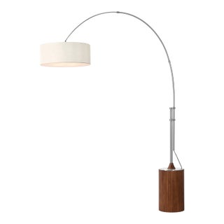 1980s Tambo 92"h 1-Light Arc Lamp, White Linen Shade, Dark Walnut Base, Satin Nickel, Dimmable, for Living Room or Bedroom For Sale